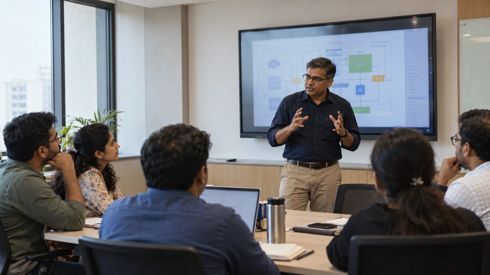 Trainer guiding a group through a practical technology workshop