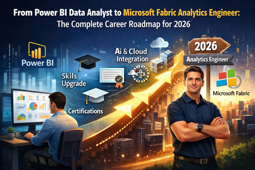 Career roadmap showing transition from Power BI Data Analyst to Microsoft Fabric Analytics Engineer with OneLake, Lakehouse, AI and enterprise data architecture