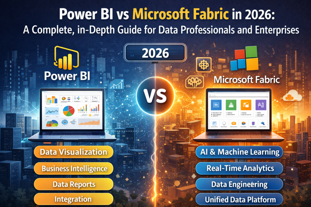 Comparison of Power BI and Microsoft Fabric in 2026 showing presentation layer vs full data ecosystem, including OneLake, lakehouse architecture, AI integration, and enterprise analytics.