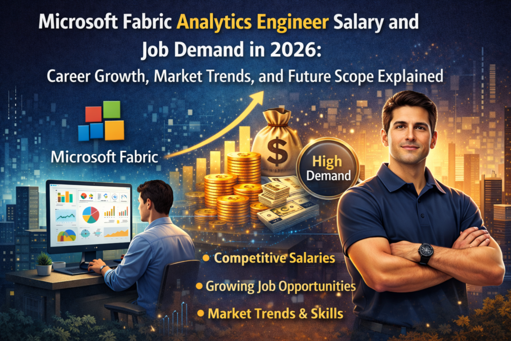 Microsoft Fabric Analytics Engineer career path in 2026 showing salary growth, OneLake architecture, data pipelines, lakehouse modeling, AI integration, and enterprise analytics demand