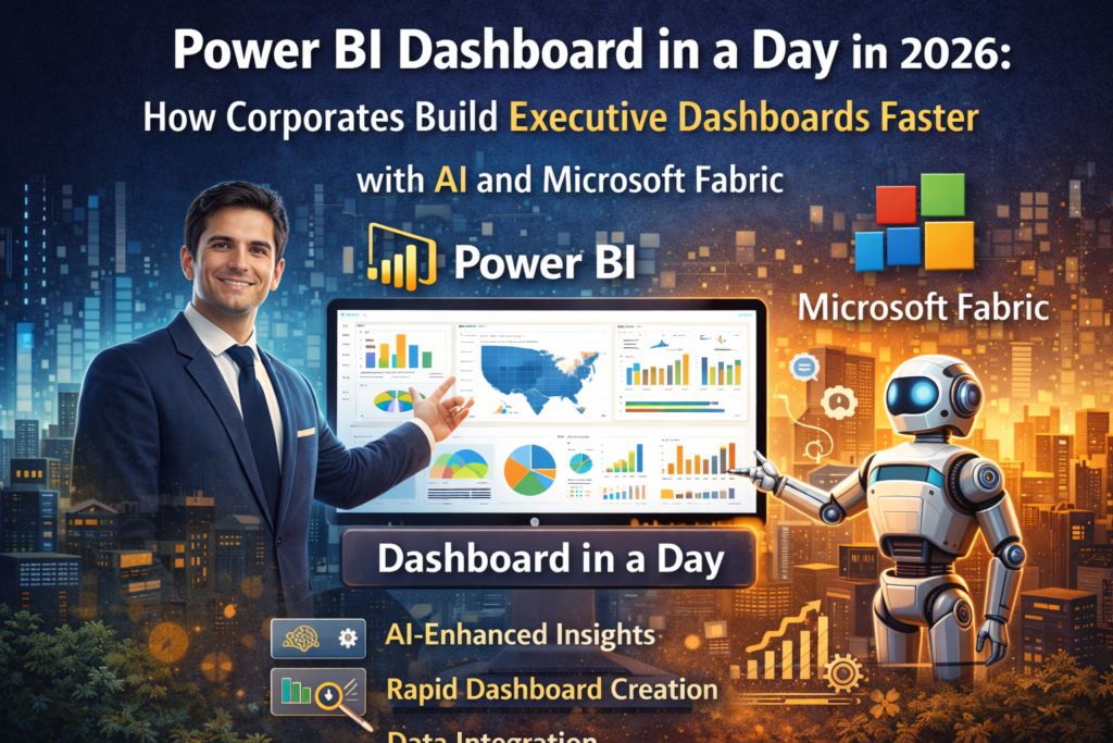Power BI Dashboard in a Day workflow in 2026 showing Microsoft Fabric OneLake architecture, AI Copilot assistance, automated data pipelines, and real-time executive KPI dashboard.
