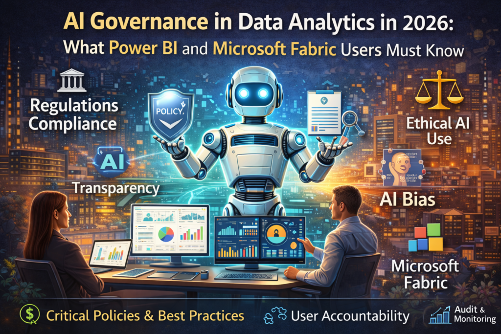 AI governance framework within Power BI and Microsoft Fabric showing role-based access control, audit logs, bias monitoring, compliance checks, and secure AI-driven analytics workflows.