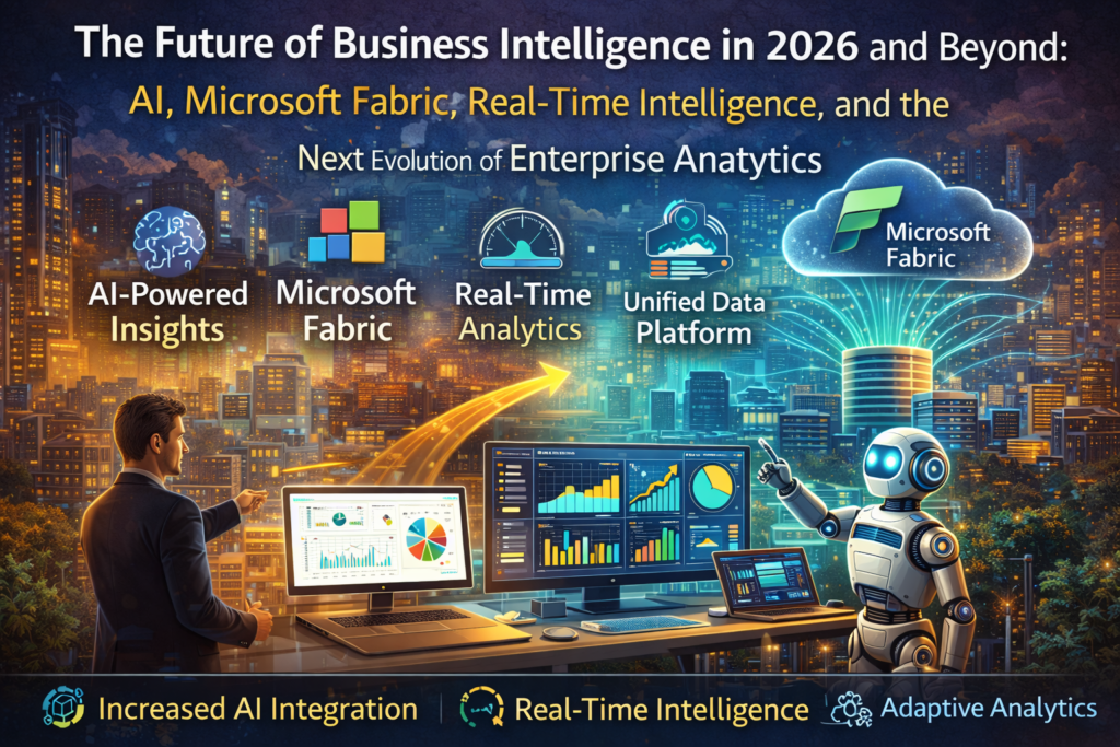 AI-powered business intelligence system in 2026 using Microsoft Fabric, OneLake lakehouse architecture, real-time analytics dashboards, predictive insights, and prescriptive decision recommendations.