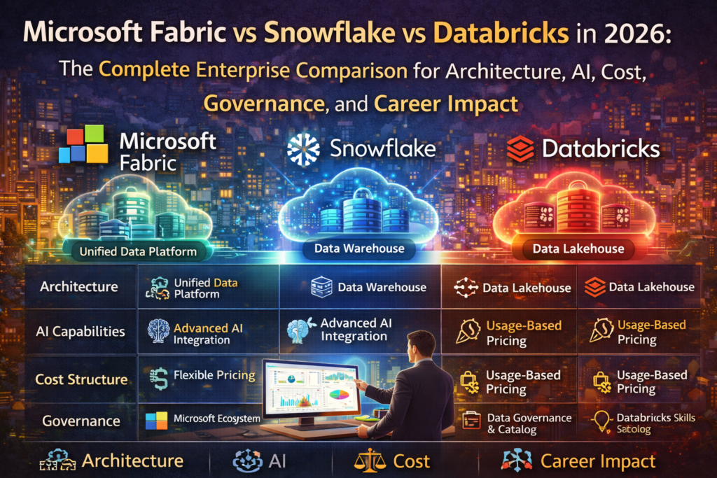 Comparison of Microsoft Fabric, Snowflake, and Databricks architectures in 2026 showing unified ecosystem, cloud-native warehousing, lakehouse model, AI capabilities, and governance layers.
