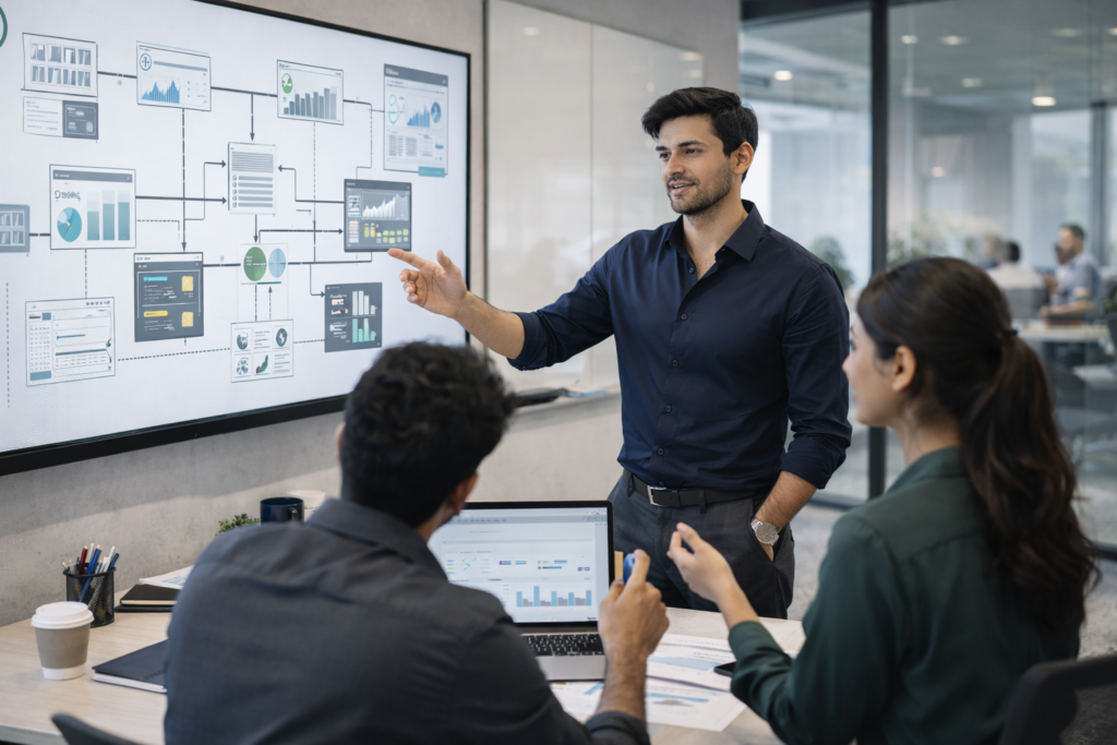 Illustration showing transition from traditional data analyst role to Microsoft Fabric expert with pipelines, lakehouses, and unified analytics platform