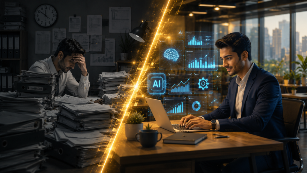 Professional employee using AI tools and automation software on a laptop while outperforming traditional workers in a modern corporate workplace environment.