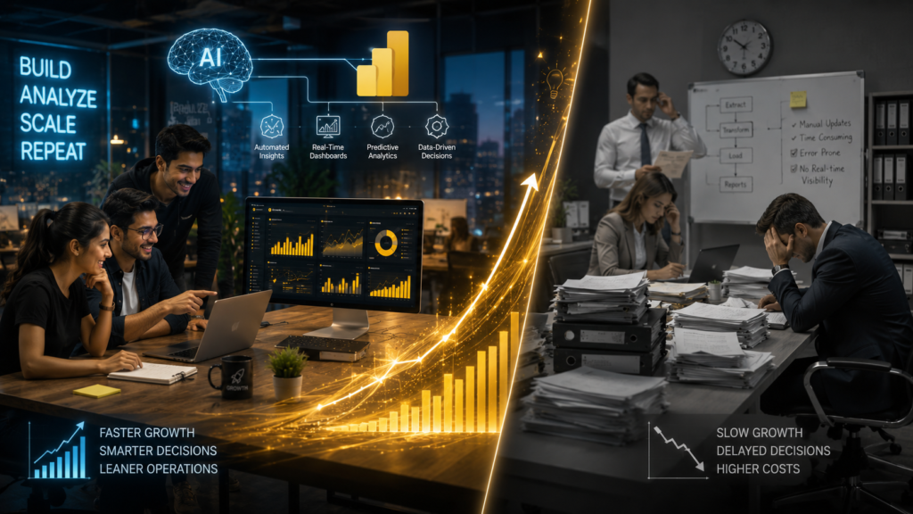 Startup team using AI and Power BI dashboards for real-time analytics, automation, and business growth in a modern office environment.