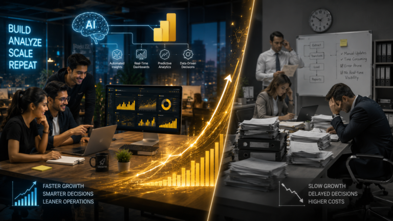 Startup team using AI and Power BI dashboards for real-time analytics, automation, and business growth in a modern office environment.