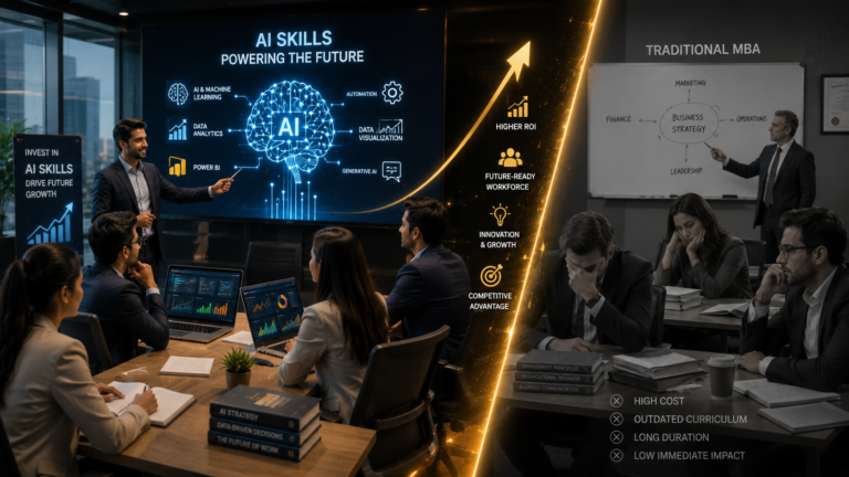 Corporate employees learning AI skills, data analytics, and automation tools during modern workplace training instead of traditional MBA-style programs.