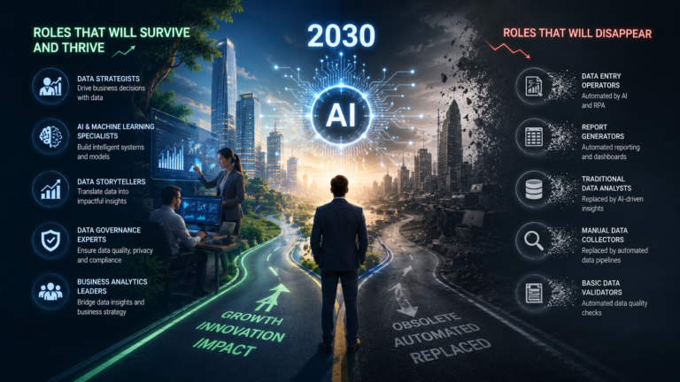 Data professionals analyzing AI-powered dashboards while discussing future data jobs, automation, and evolving career roles in a modern technology workplace.