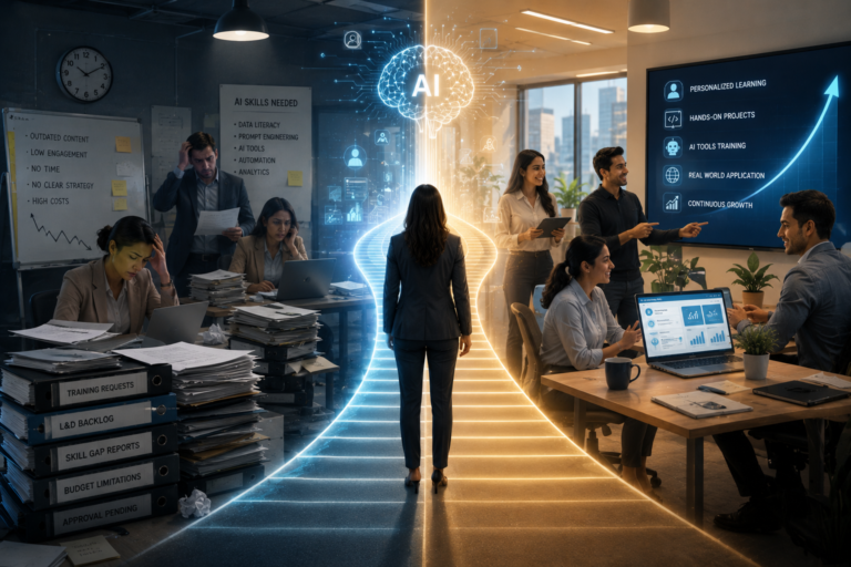 HR team conducting AI skills training and employee upskilling sessions in a modern corporate workplace focused on automation and digital transformation.