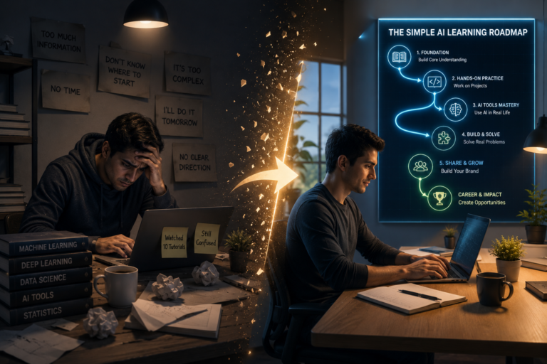 Professional learning artificial intelligence skills using AI tools, online courses, and practical roadmaps on a laptop in a modern workspace.