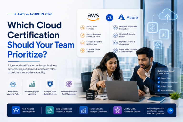 Business team reviewing cloud training priorities between AWS and Azure certifications.