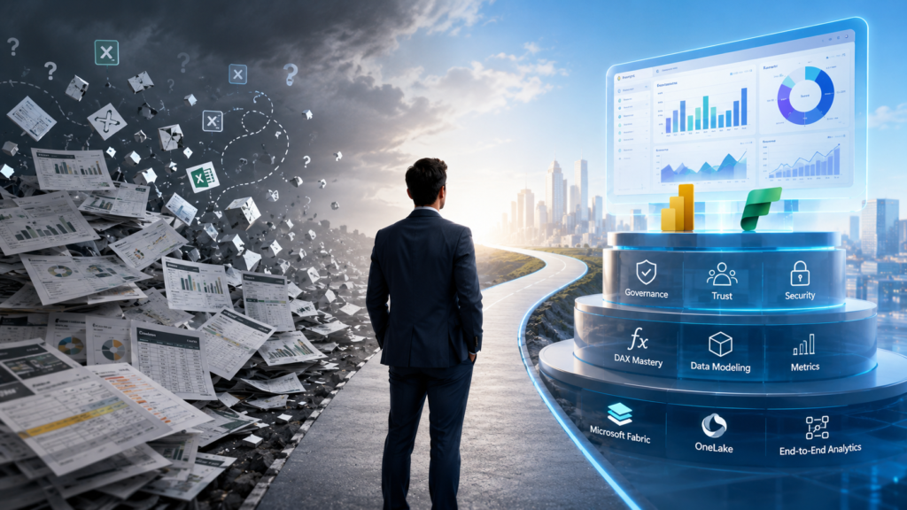 Executive choosing corporate Power BI training path from chaotic reports to governed Fabric analytics