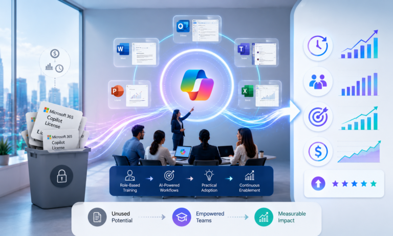 Enterprise team using Microsoft 365 Copilot training to turn unused licenses into role-based workflows and measurable productivity gains.