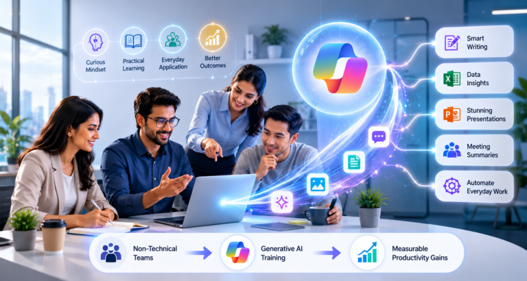 Non-technical business team using generative AI tools for smart writing, data insights, presentations, meeting summaries, and productivity gains.