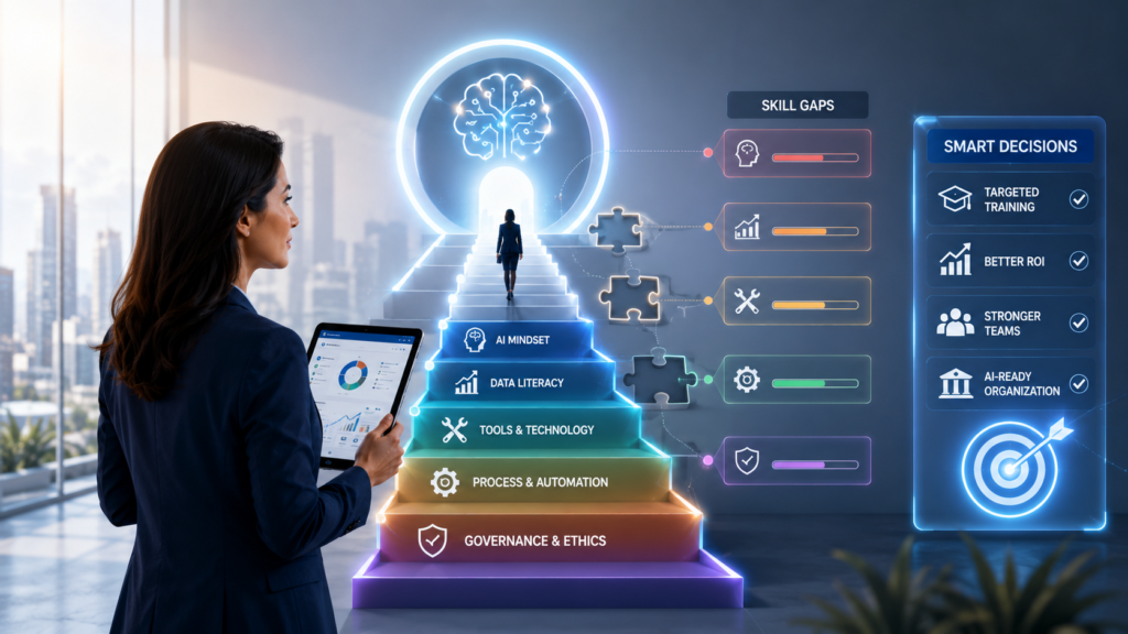Enterprise AI readiness assessment showing skill gaps, training priorities, and AI-ready organization roadmap