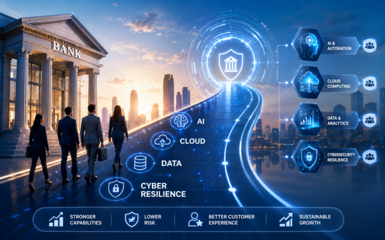 Banking professionals walking toward a digital BFSI transformation roadmap with AI, cloud, data analytics, and cyber resilience icons.