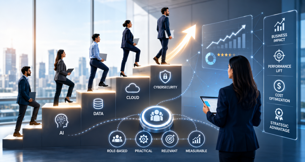 Enterprise L&D leader reviewing role-based corporate IT training ROI across AI, data, cloud, and cybersecurity