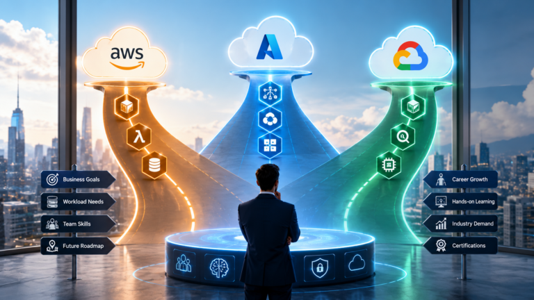 Enterprise cloud upskilling roadmap showing AWS, Azure, Google Cloud, security, FinOps, and role-based certification paths for 2026.